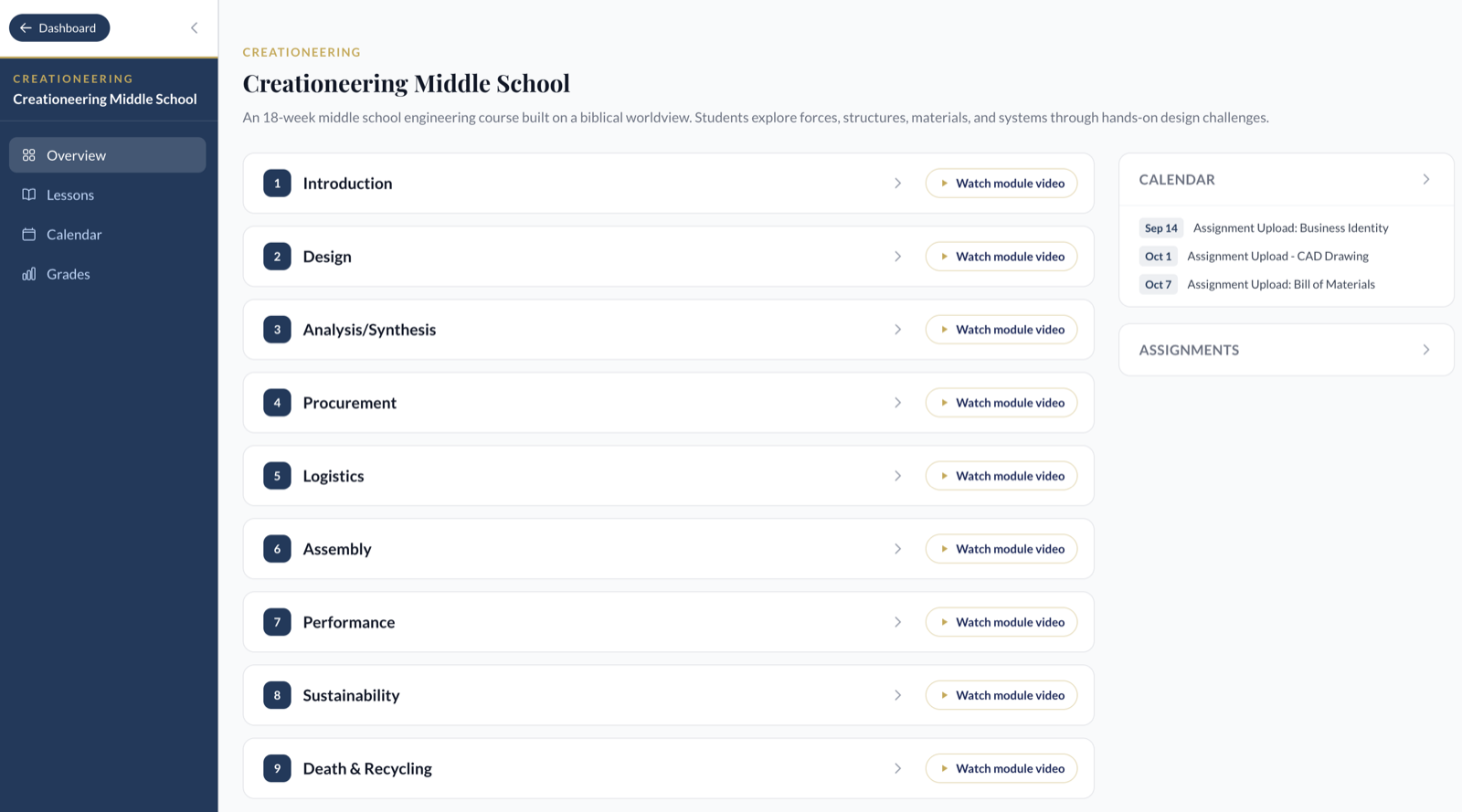 The course dashboard: all nine modules with their videos, plus the calendar and assignment list.