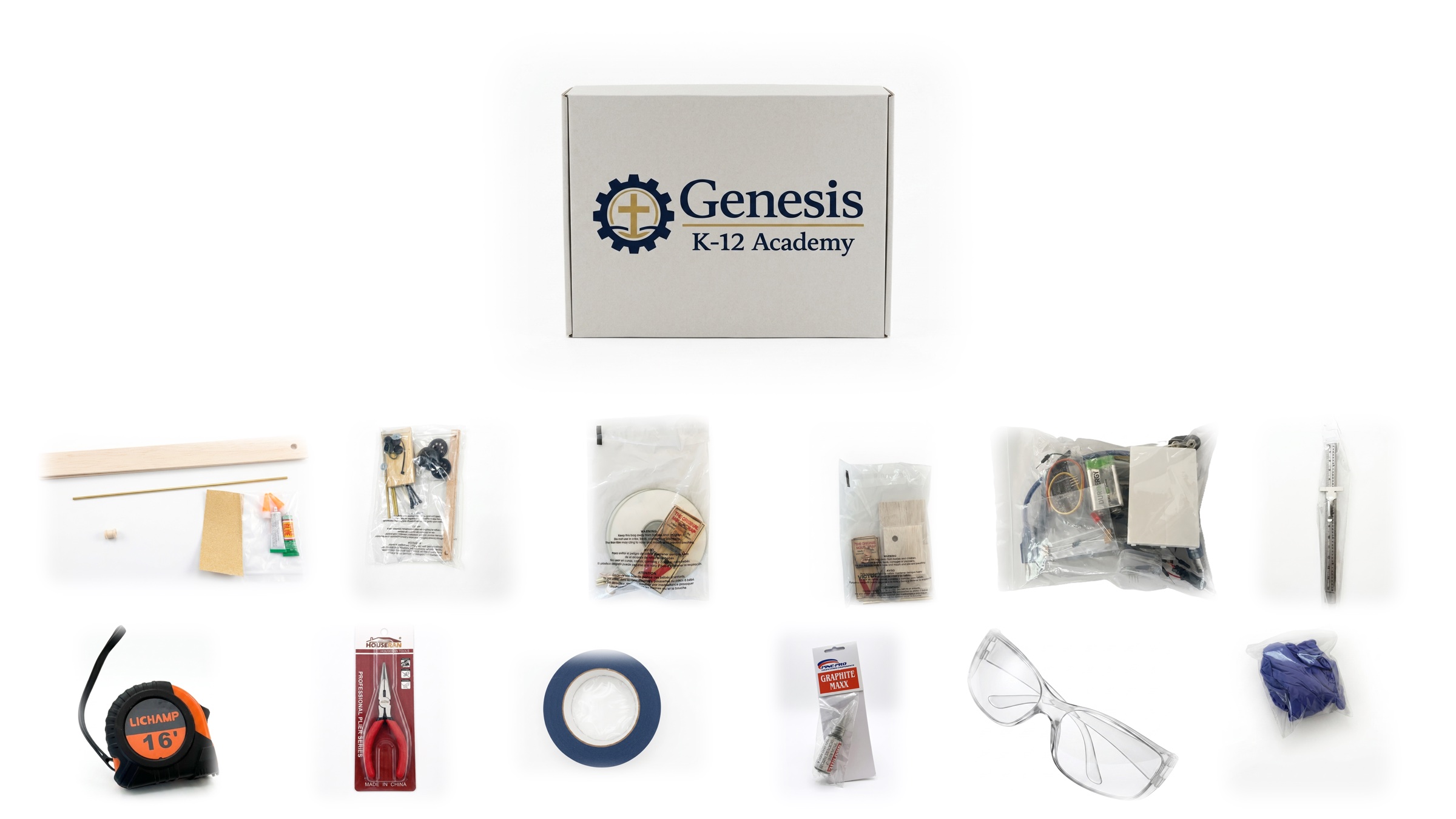 Overhead flat-lay of the complete kit: the branded box with every part bagged and separated.