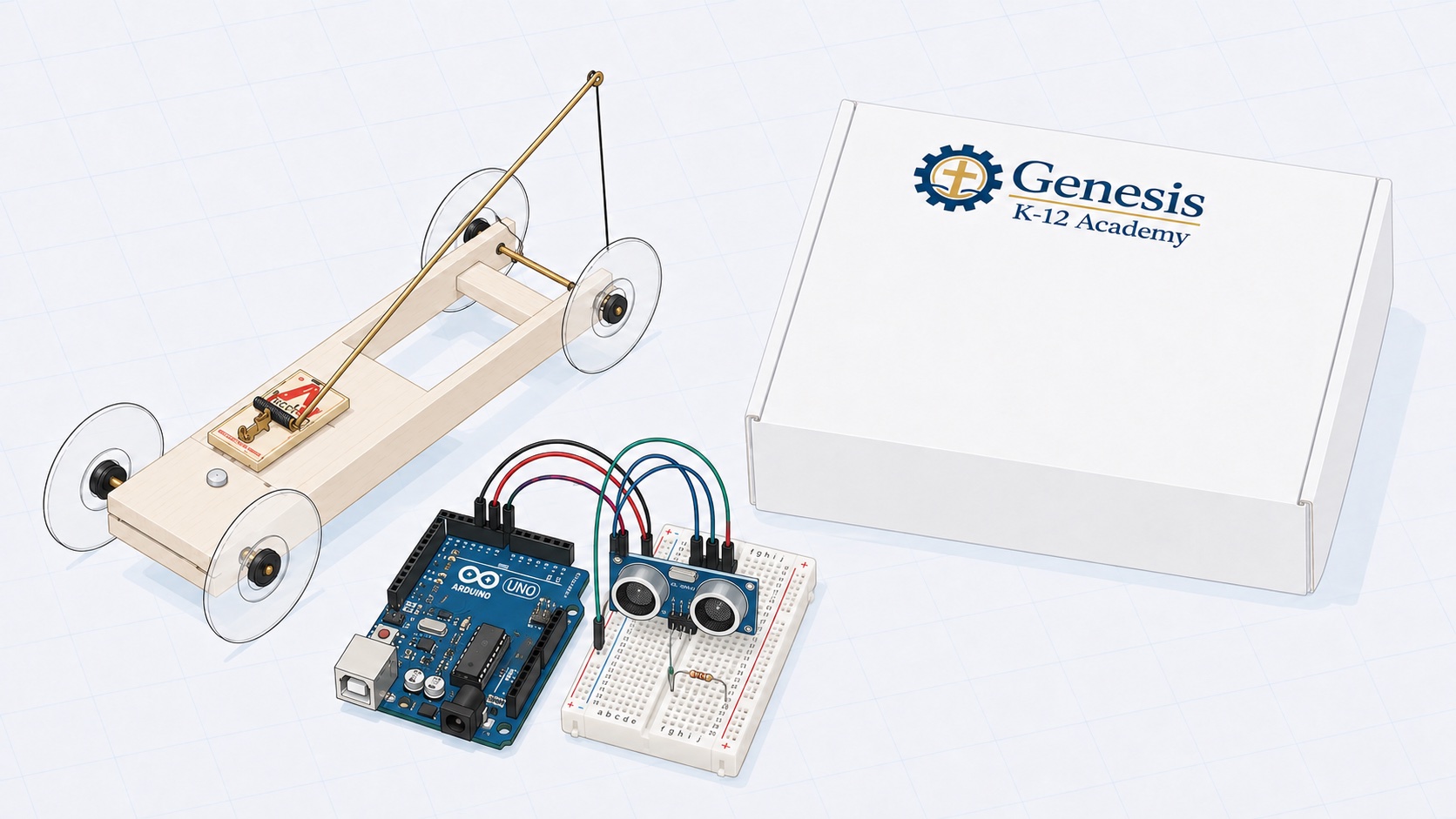 Product render: the finished mousetrap car, the Arduino and breadboard with the ultrasonic sensor wired up, and the branded GK-12 kit box, on drafting paper.