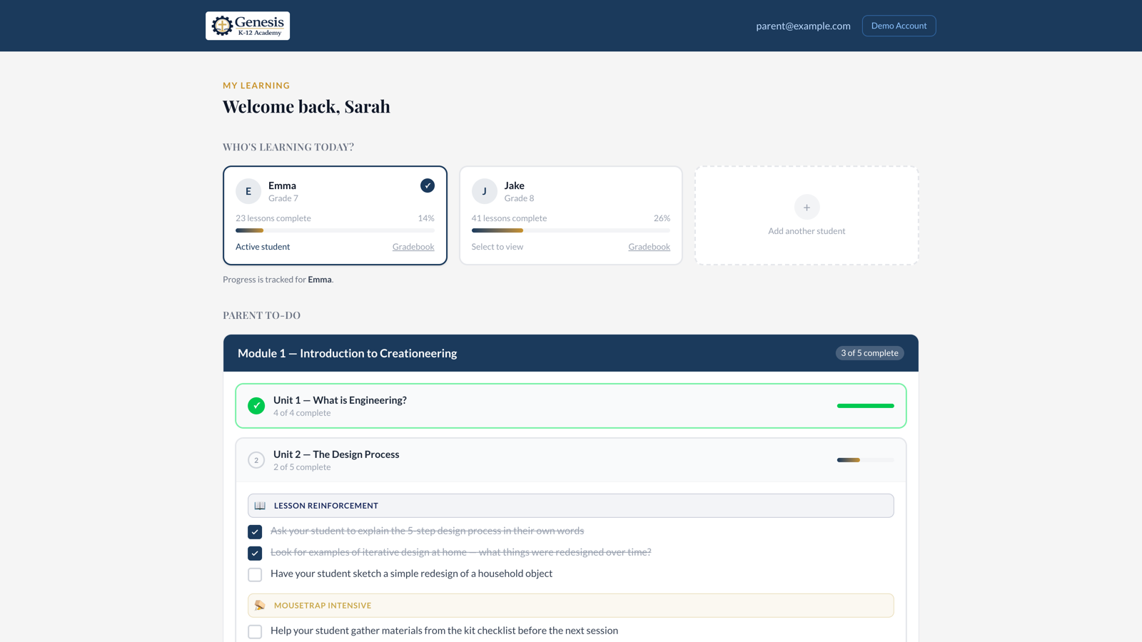 The parent dashboard: each student's progress and the week's parent to-do list.