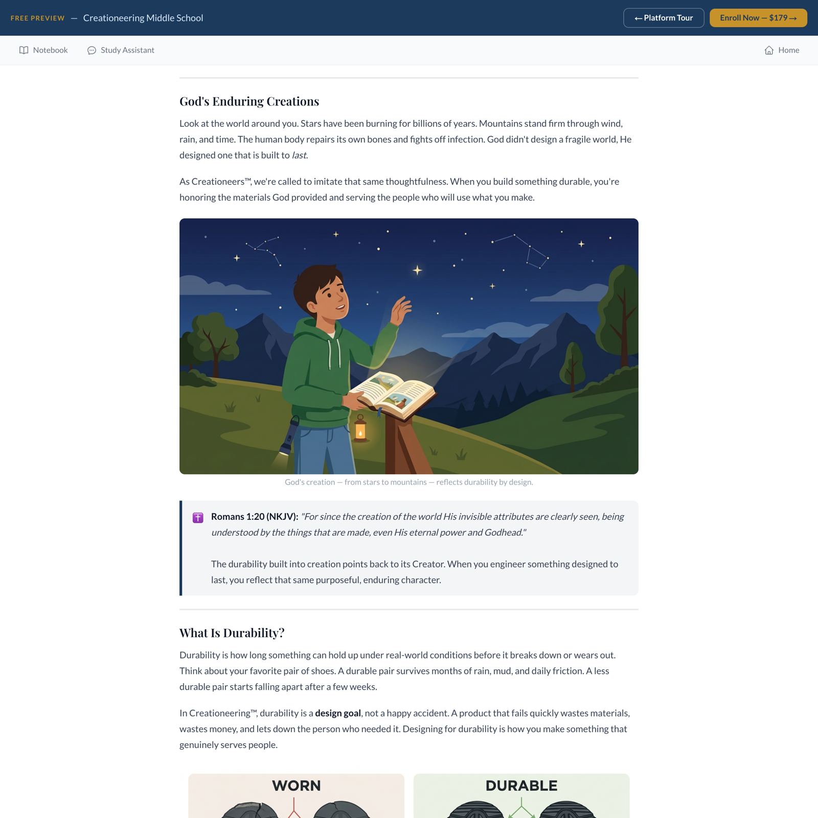 Platform screenshot: a real lesson with its teaching diagram and Scripture callout.