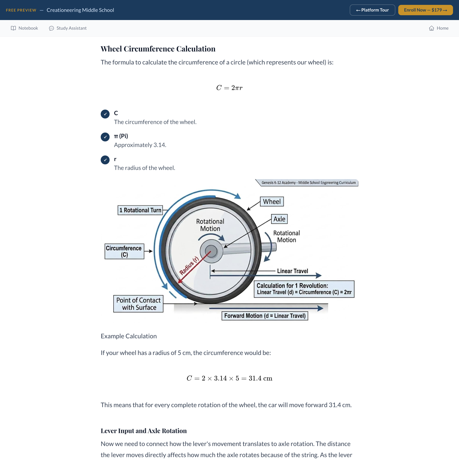 Platform screenshot: the wheel circumference formula worked out on a labeled diagram.