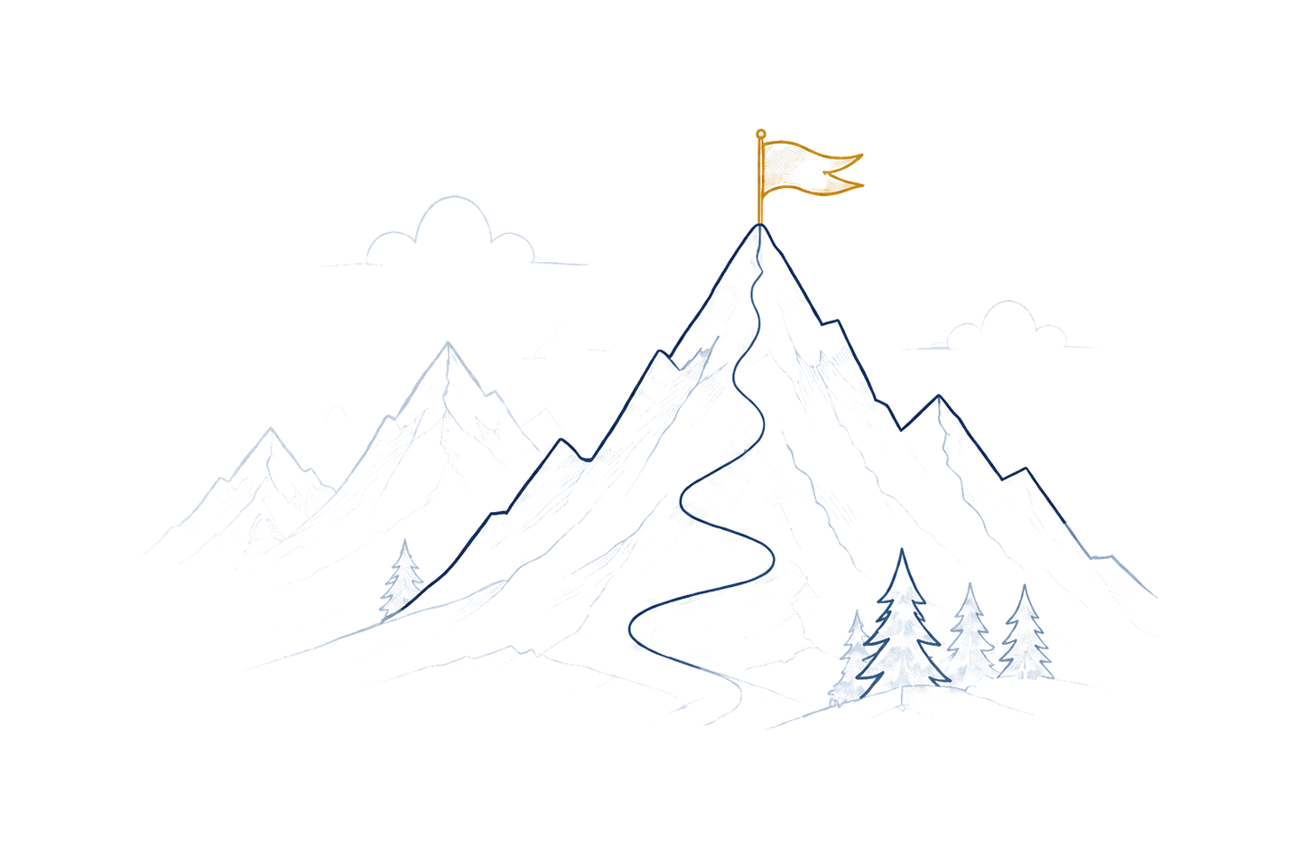 Line illustration: a switchback path climbing a mountain to a gold summit flag.