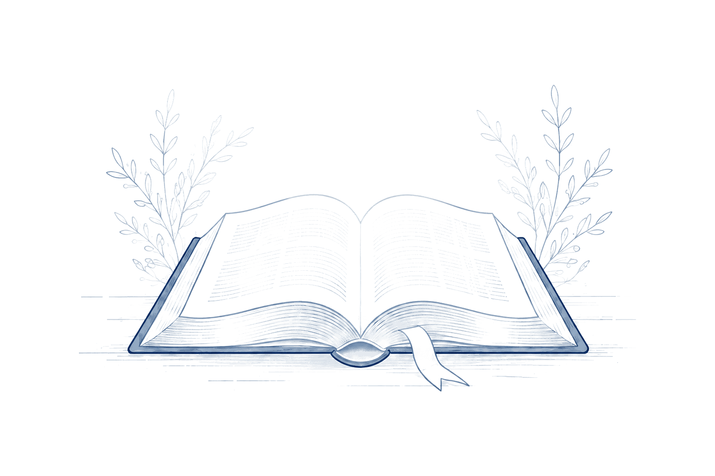 Line illustration: an open Bible with a ribbon marker.