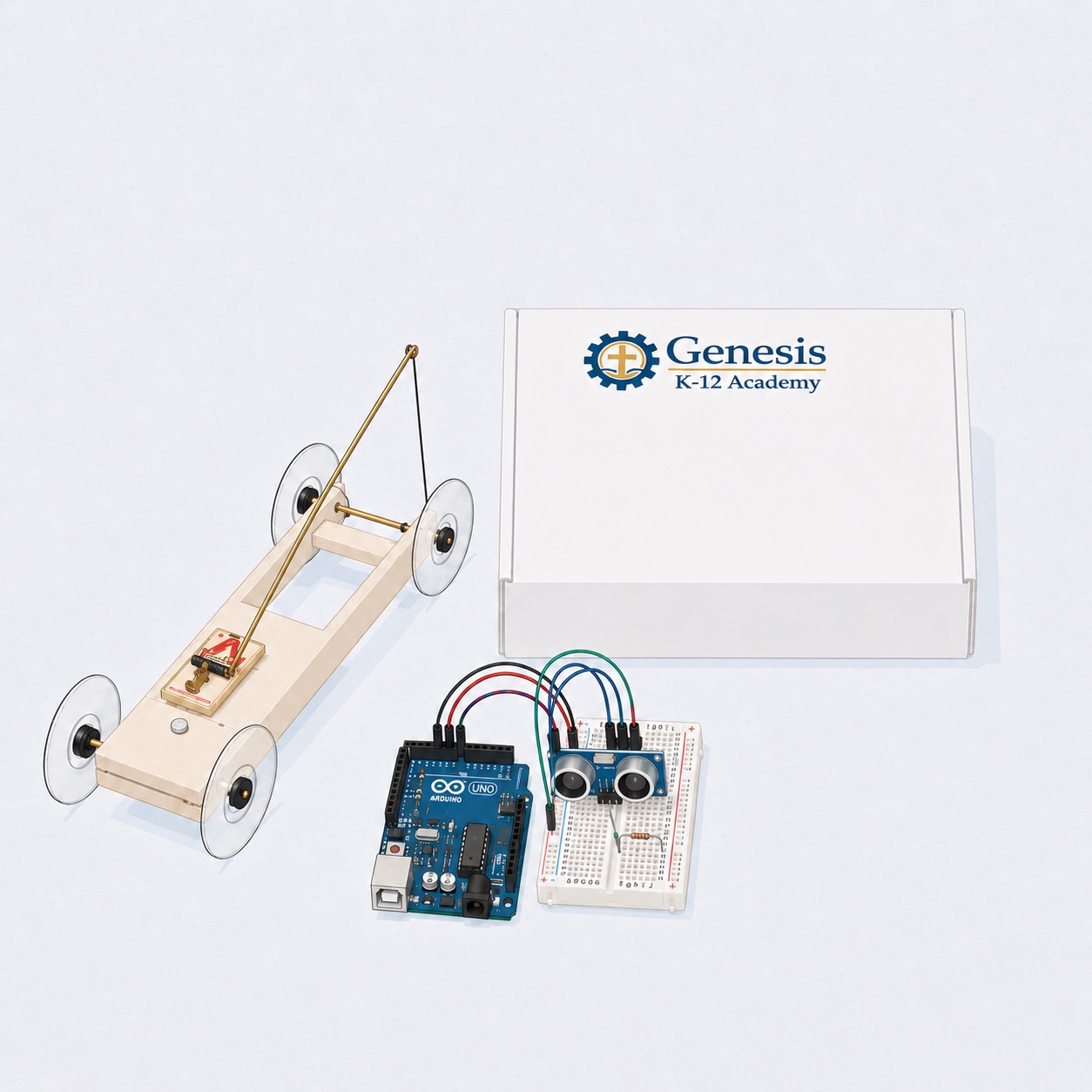 Product render: the finished mousetrap car, the Arduino and breadboard with the ultrasonic sensor wired up, and the branded GK-12 kit box, on drafting paper.
